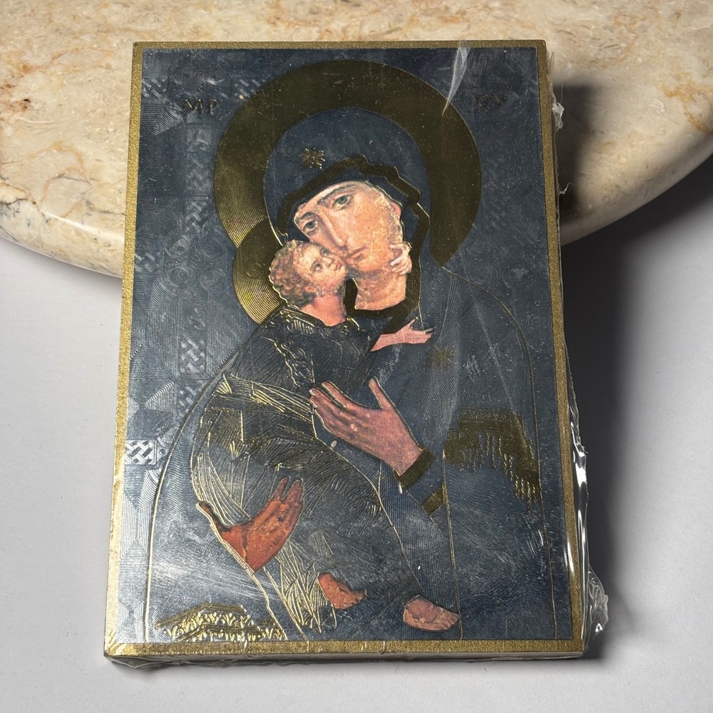Vintage Virgin Mary Child Jesus Wood Icon Plaque Gold Foil Prayer 6.25x4.25 NEW - Picture 2 of 5